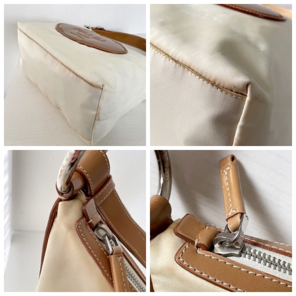 Prada white nylon camel brown leather embossed logo shoulder hobo bag - Picture 7 of 15